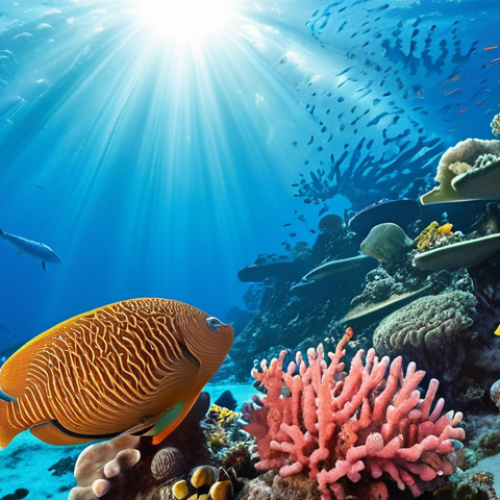 Home 4 **A vibrant coral reef teeming with marine life. Sunlight filters through the clear blue water, illuminating colorful fish and coral formations. A scuba diver is visible in the background, exploring the underwater world with awe and wonder. Focus on capturing the beauty and biodiversity of the reef.**