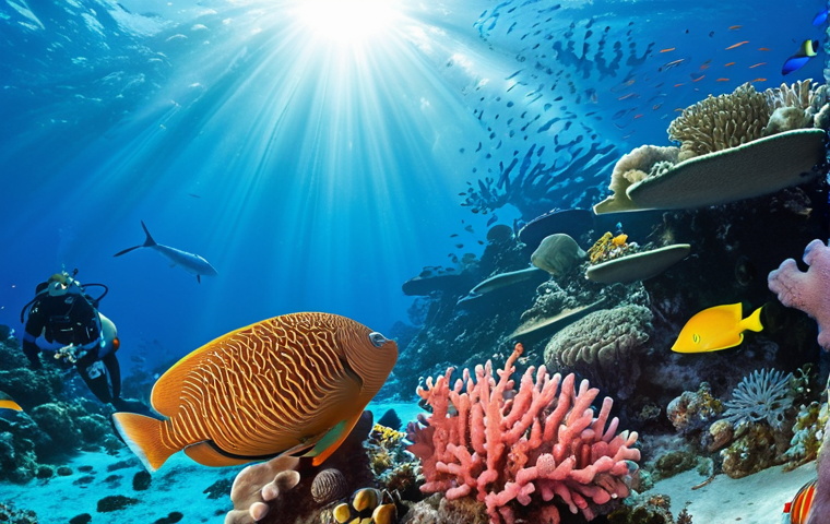 **A vibrant coral reef teeming with marine life. Sunlight filters through the clear blue water, illuminating colorful fish and coral formations. A scuba diver is visible in the background, exploring the underwater world with awe and wonder. Focus on capturing the beauty and biodiversity of the reef.**