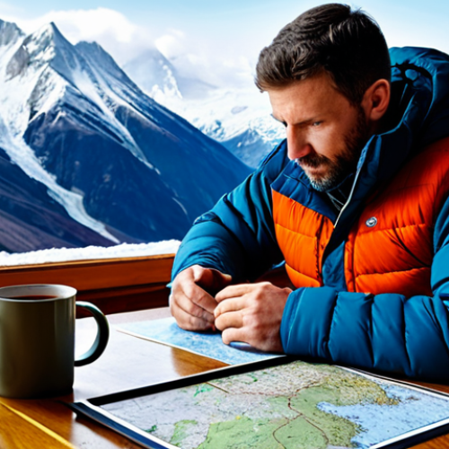 Home 6 A focused male adventurer, fully clothed in professional, multi-layered winter expedition gear, sits at a wooden table. He is meticulously examining a detailed topographic map spread before him, alongside a modern GPS device and a steaming mug of hot beverage. Snow-capped mountains are visible through a large window in the background, hinting at the challenging terrain. The scene emphasizes careful planning and readiness. The adventurer has perfect anatomy, correct proportions, well-formed hands, and a natural pose. This image is safe for work, appropriate content, and family-friendly, representing a professional approach to outdoor adventure.