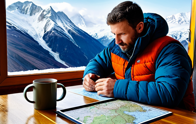 A focused male adventurer, fully clothed in professional, multi-layered winter expedition gear, sits at a wooden table. He is meticulously examining a detailed topographic map spread before him, alongside a modern GPS device and a steaming mug of hot beverage. Snow-capped mountains are visible through a large window in the background, hinting at the challenging terrain. The scene emphasizes careful planning and readiness. The adventurer has perfect anatomy, correct proportions, well-formed hands, and a natural pose. This image is safe for work, appropriate content, and family-friendly, representing a professional approach to outdoor adventure.