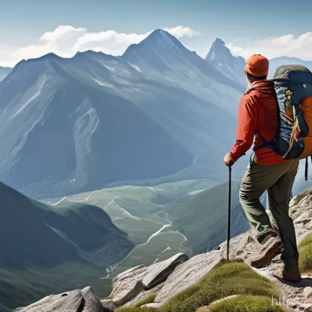 등산 장비 브랜드 비교 - **"Mountain Trail Trekker"**
    A highly detailed, realistic image of a male hiker, mid-stride, asc...