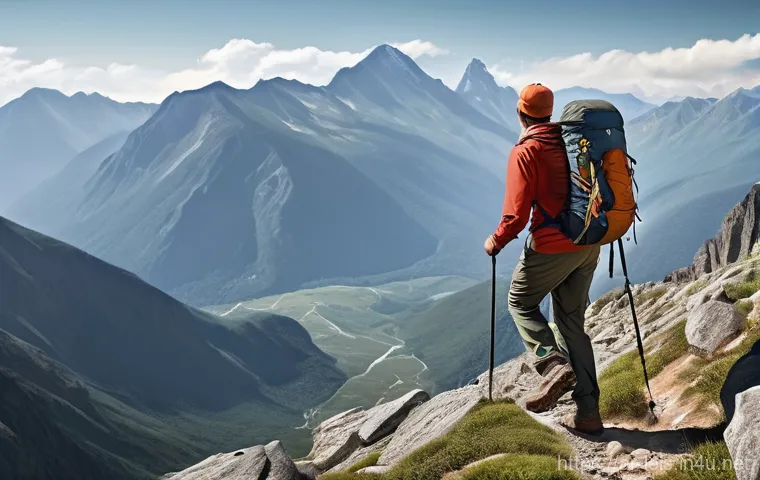 등산 장비 브랜드 비교 - **"Mountain Trail Trekker"**
    A highly detailed, realistic image of a male hiker, mid-stride, asc...