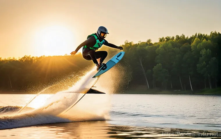 웨이크보드와 수상스키 차이 - Prompt 1: Dynamic Wakeboarding Thrill**