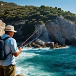 낚시 장비 구매 팁 - **Prompt:** A seasoned angler, mid-cast, stands confidently on a sun-drenched, rocky shoreline overl...