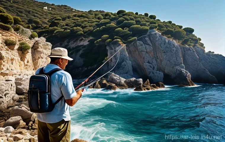낚시 장비 구매 팁 - **Prompt:** A seasoned angler, mid-cast, stands confidently on a sun-drenched, rocky shoreline overl...