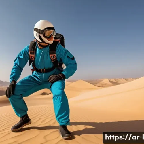 스카이다이빙 준비 가이드 - A skilled skydiver preparing for a jump in a desert landscape with traditional Arabic architecture i...