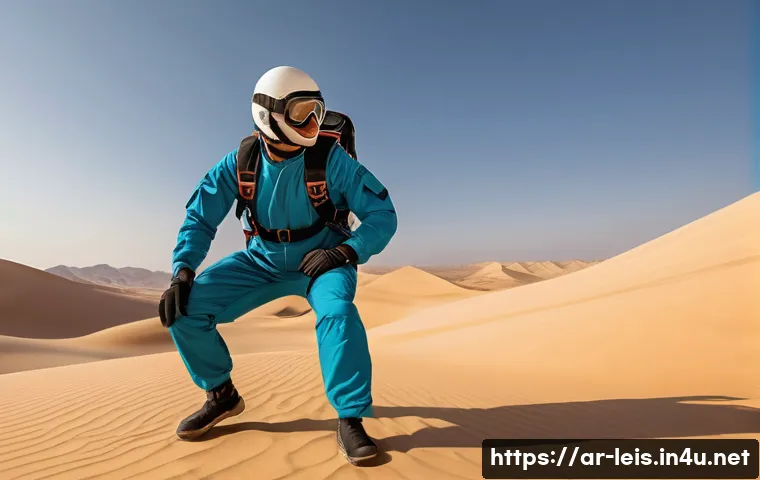 스카이다이빙 준비 가이드 - A skilled skydiver preparing for a jump in a desert landscape with traditional Arabic architecture i...