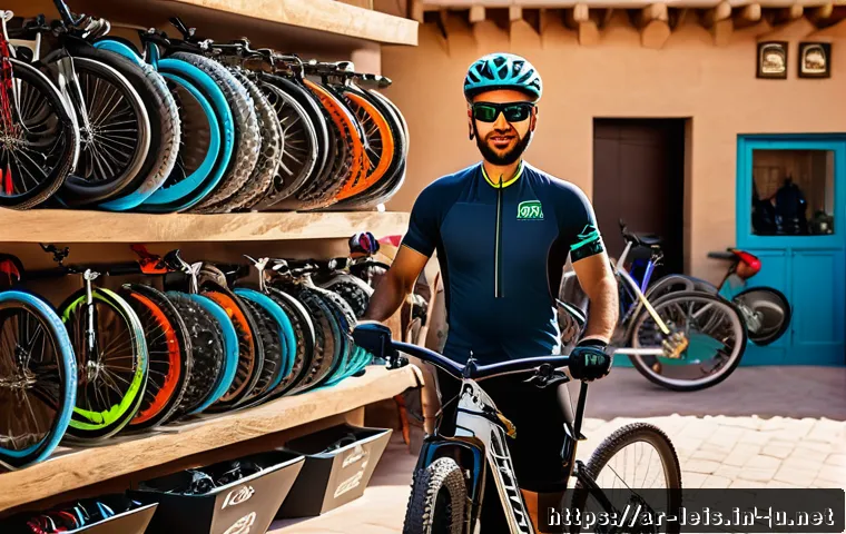 산악자전거 초보자 가이드 - A detailed, vibrant scene showing an Arabic male beginner mountain biker in modest sportswear and a ...
