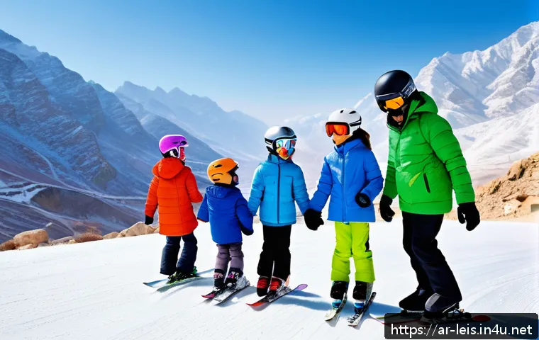 겨울 레저 스포츠 추천 - A vibrant outdoor winter scene in the Middle East, showcasing a family-friendly ski resort on Jebel ...