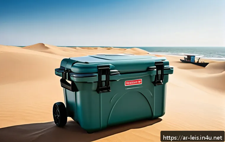 낚시용 쿨러 추천 - A rugged fishing cooler with vacuum foam insulation, designed for long fishing trips in harsh desert...