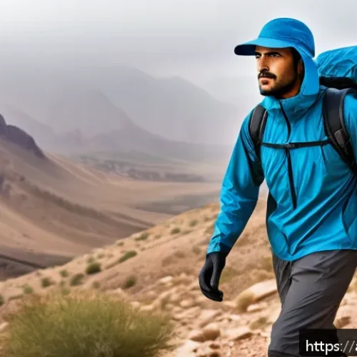 아웃도어 방수복 추천 - A detailed outdoor adventure scene featuring an Arab male hiker wearing layered waterproof clothing ...