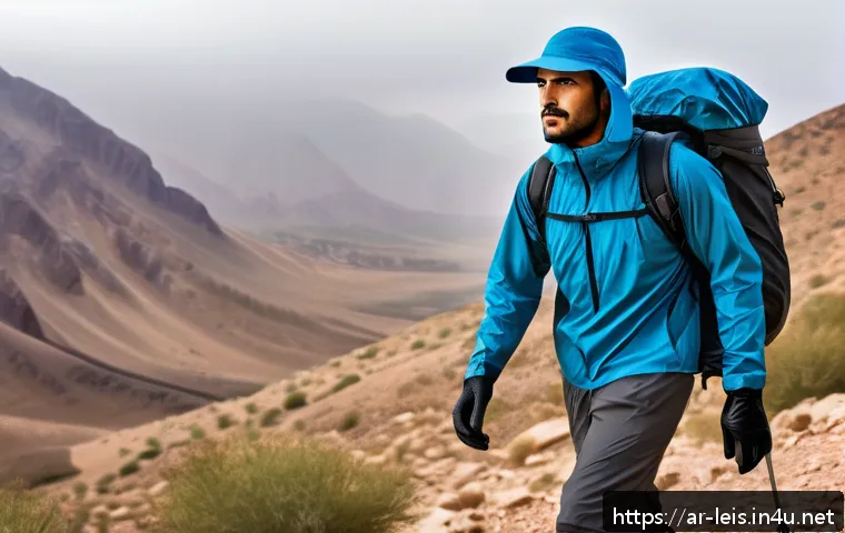 아웃도어 방수복 추천 - A detailed outdoor adventure scene featuring an Arab male hiker wearing layered waterproof clothing ...