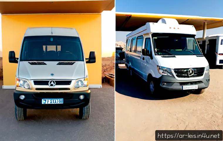 캠핑카 장단점 비교 - Photorealistic split-composition comparison of camper van ownership: left side a compact modern moto...