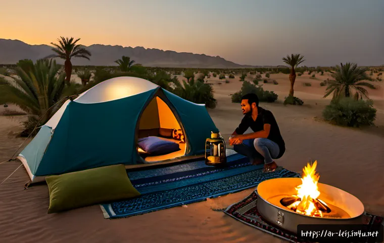 캠핑과 글램핑 차이 - Photorealistic split-scene comparison in a peaceful Arabian desert at golden hour: on the left, a si...