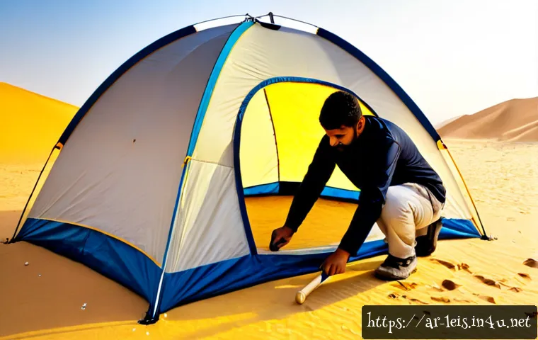 텐트 설치 방법 - Photorealistic step-by-step tent setup scene at a peaceful desert campsite near Arabian dunes, Arab ...