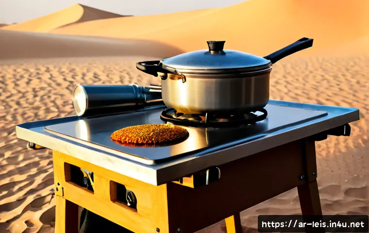 캠핑요리 필수 도구 - Photorealistic outdoor desert camping kitchen at golden sunset, a neatly arranged essential cooking ...
