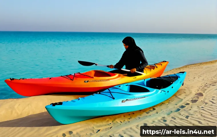 카약 구매 가이드 - Photorealistic kayak buying guide scene on a calm Arabian Gulf shoreline at golden morning light, th...