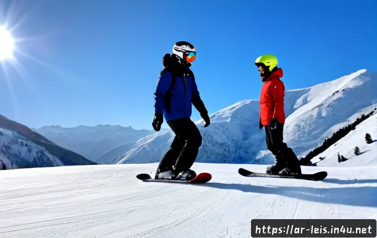 Home 17 스노보드 초보자를 위한 팁 - Photorealistic beginner snowboard lesson on a wide, gentle snowy slope, Arab young adult wearing mod...